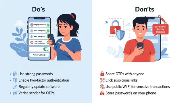 Aadhaar digital safety tips illustration Indian user enabling security settings and OTP safety for Aadhaar protection