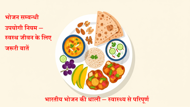 Healthy Eating Habits balanced diet plate with healthy Indian food items in a clean modern illustration