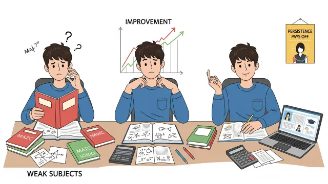 10th Board Exam Tips – Focus on Weak Subjects Student focusing on weak subjects to improve overall Class 10 board exam performance