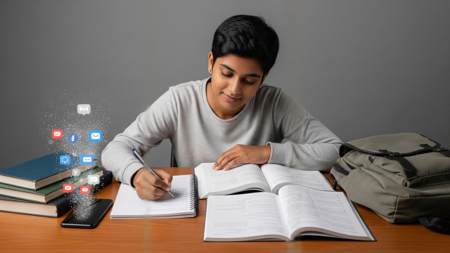 पढ़ाई में ध्यान कैसे लगाएं आसान तरीके, स्टूडेंट फोकस के साथ पढ़ाई करता हुआ