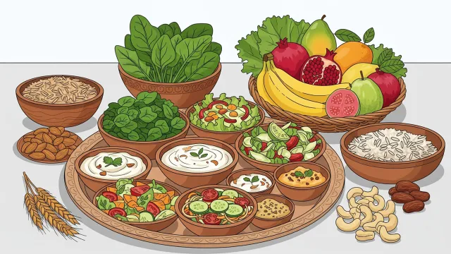 Healthy Foods to Eat illustration of healthy Indian foods like fruits, vegetables and whole grains