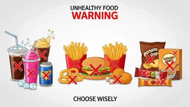 Foods to Avoid graphic showing unhealthy foods like fast food and sugary drinks to avoid