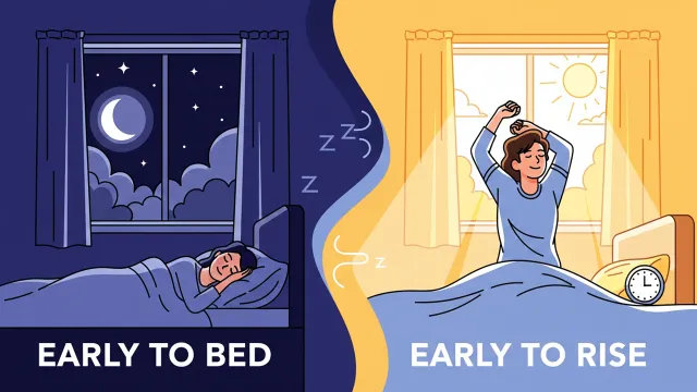 Good Sleep Habits Illustration showing person following early to bed early to rise habit for health