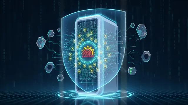 UIDAI data security and encrypted server illustration Secure data server with holographic shield showing Aadhaar digital security