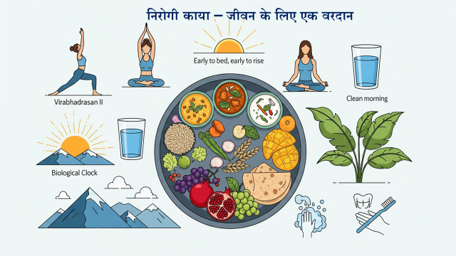 Holistic Healthy Lifestyle Illustration Illustration showing healthy lifestyle habits including balanced diet yoga meditation sleep cycle nature and clean eating