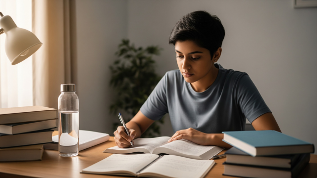 लंबे समय तक पढ़ाई कैसे करें – Focused study concept लंबे समय तक पढ़ाई करता हुआ छात्र