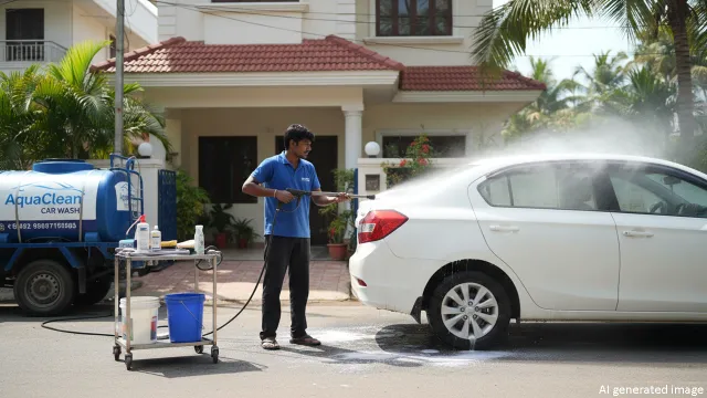 मोबाइल कार वॉश बिजनेस में घर पर कार धोते हुए व्यक्ति