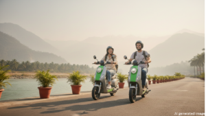 पर्यटक ई-स्कूटर से शहर घूमते हुए