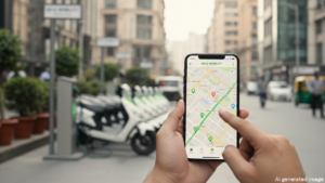 मोबाइल GPS से ई-स्कूटर लोकेशन खोजता हुआ व्यक्ति