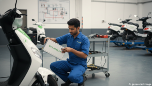 ई-स्कूटर की बैटरी बदलता हुआ तकनीशियन