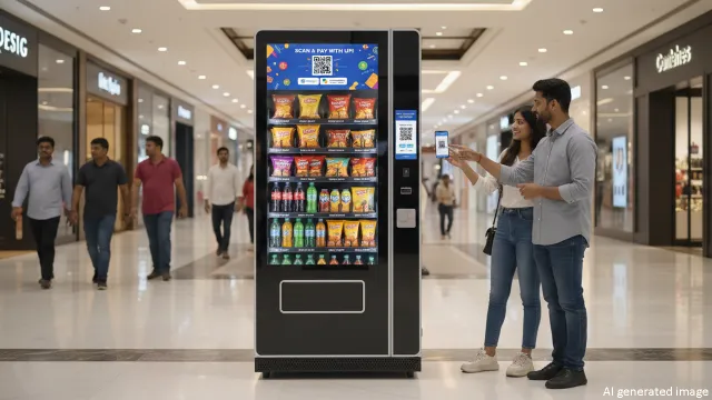 स्मार्ट वेंडिंग मशीन से ग्राहक डिजिटल पेमेंट करके स्नैक्स खरीदते हुए